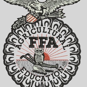 May include: An embroidered patch featuring the FFA emblem with a central owl perched on a plow, a rising sun, and the text AGRICULTURAL EDUCATION. The design includes a bald eagle at the top, a shield with stars and stripes, and a circular border.