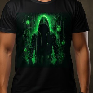 Camiseta com capuz estampada com figura de Hacker Matrix Code - Estilo Cyberpunk - Presente para Programador - Roupa para Geek de Tecnologia - Moda Urbana Digital