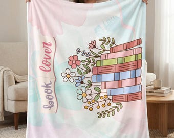 Pluszowy koc z kwiatowym wzorem, przytulny koc do kącika do czytania, estetyczny prezent biblioteczny dla miłośników książek, kwiatowy wystrój książkowy Cottagecore