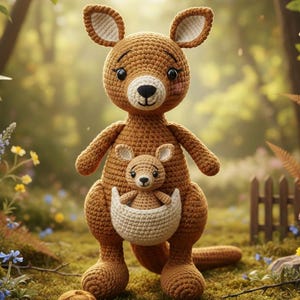May include: A handmade crochet kangaroo doll in shades of brown, with a smaller kangaroo in its pouch. The doll has a white belly, ears, and muzzle, and black eyes. The background is a blurred forest scene with flowers and a small wooden fence.