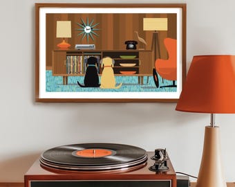Mid Century Modern Dog Wall Art Print, Record Collector, Retro Record Player, Yellow and Black Labrador, Dopamine Decor