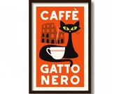 Black Cat Art, Italian Cafe Sign, Mid Century Modern Wall Art, Cat Lover Gift, Coffee Sign, Kitchen Art Print, Rome Italy, Coffee Poster
