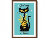 Bee Wall Art, Beehive Decor, Black Cat Lover, Honey Bee Decor, Kitchen Art Print, Beekeeper Gift, Farm Fresh, Beehive Vintage Art Loves Bees
