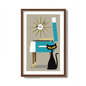 Old Record Player, Rock Music Poster, Mid Century Modern Art, Black Cat Art Print, Vinyl Record Storage, Cat Lover Gift Vinyl LP