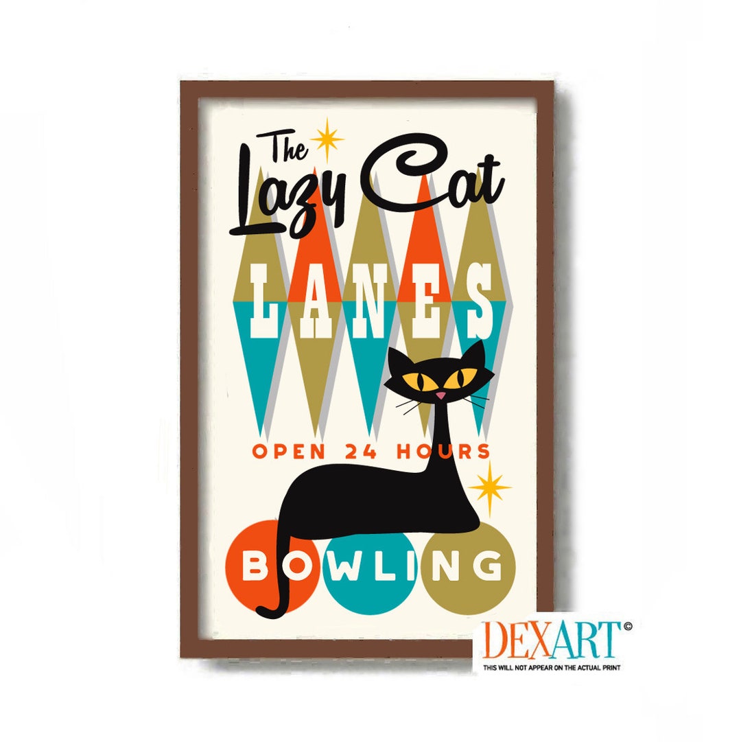 Atomic Cat Bowling Art Print, Diner Sign, Mid Century Modern Art, Game