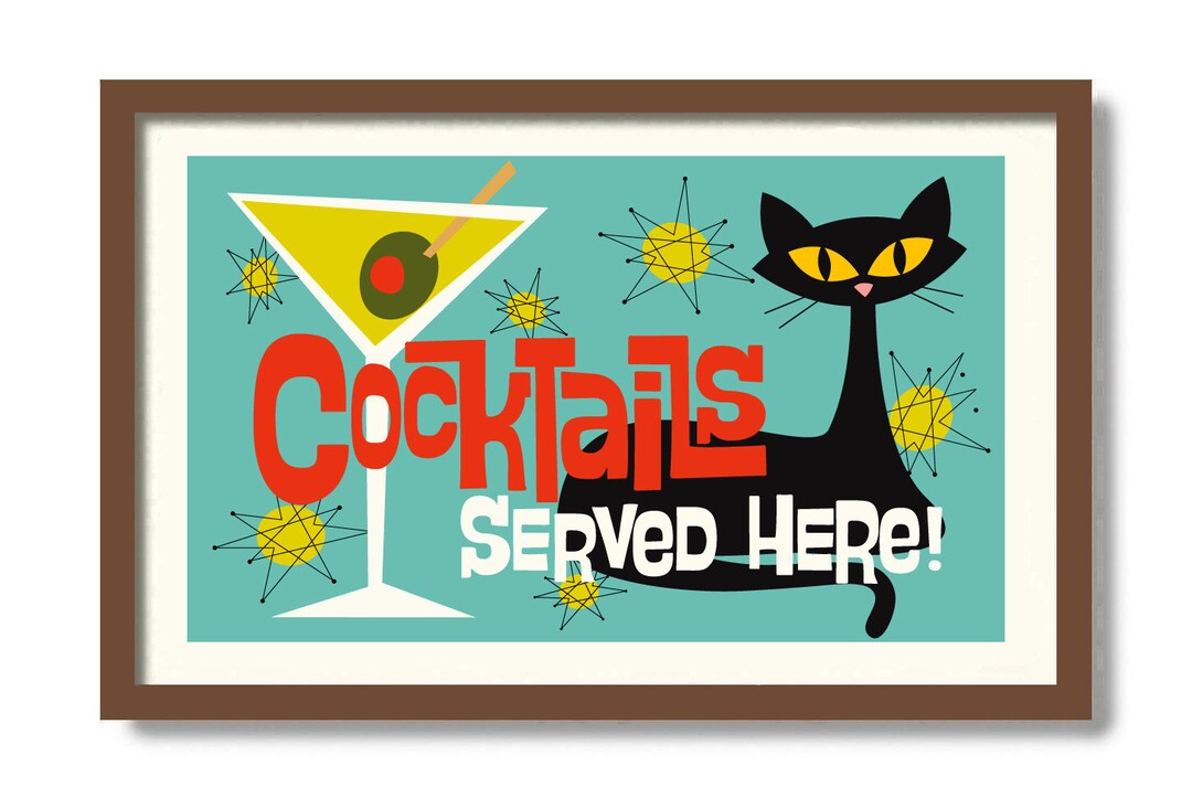 Mid Century Modern Art Print, Cat Lover Gift, Gin Gifts, Black Cat Art ...