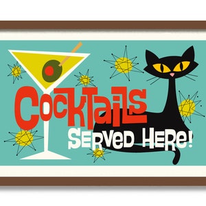 Lámina de arte moderno de mediados de siglo, regalo para amantes de los gatos, regalos de ginebra, lámina de gato negro, arte de martini, póster de cócteles, regalos de camarero, copas de martini