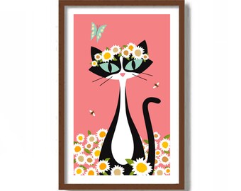 Tuxedo Cat Art Print, Daisy Flower Crown, Fairy Garden Cat, Gardening Gift, Gardener Gift, Mid Century Modern Wall Art, Cat Lover Gift