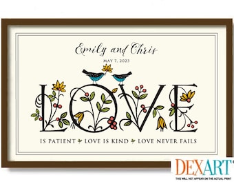 Unique Wedding Gift for Couple, Love is Patient Love is Kind Sign, Personalized Engagement Gift, Anniversary Art Print, Love Birds Wall Art