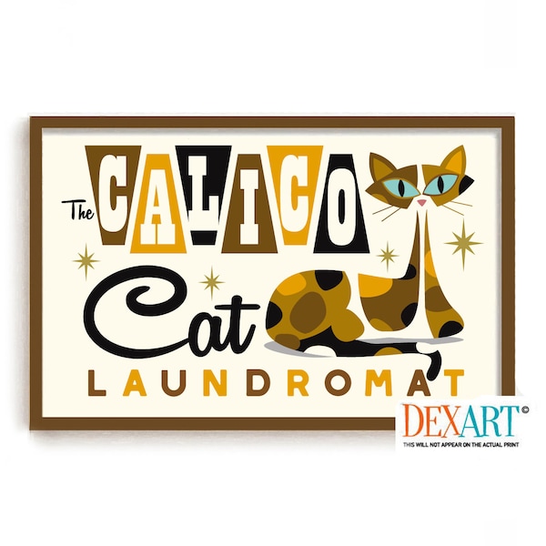 Calico Cat Laundry Room Decor Art Print, Mid Century Modern Art Cat Wall Art, Cat Art Print Cat Lover Gift Idea Laundry Sign Bathroom Towels