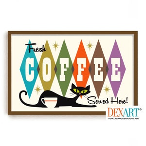 Mid Century Modern Cat and Coffee Kitchen Art Print, Wall Art, Black Cat Lover Gift, Coffee Lover, Atomic Cafe Diner Sign Retro Coffee Cup