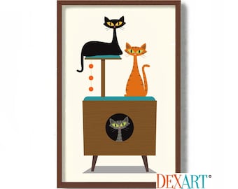 Cat Tree Furniture, Cat House, Wall Art Print, Family of Cats, Mid Century Modern Art, Cat Lover Gift, Black Cat, Tabby Cat, Orange Cat