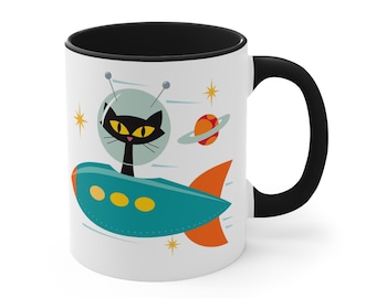 Atomic Space Cat Coffee Mug, 11oz Cup, Sputnik Black Cat Decor, Cosmic Cat, Palm Springs, Two Tone Mug, MCM Drinkware