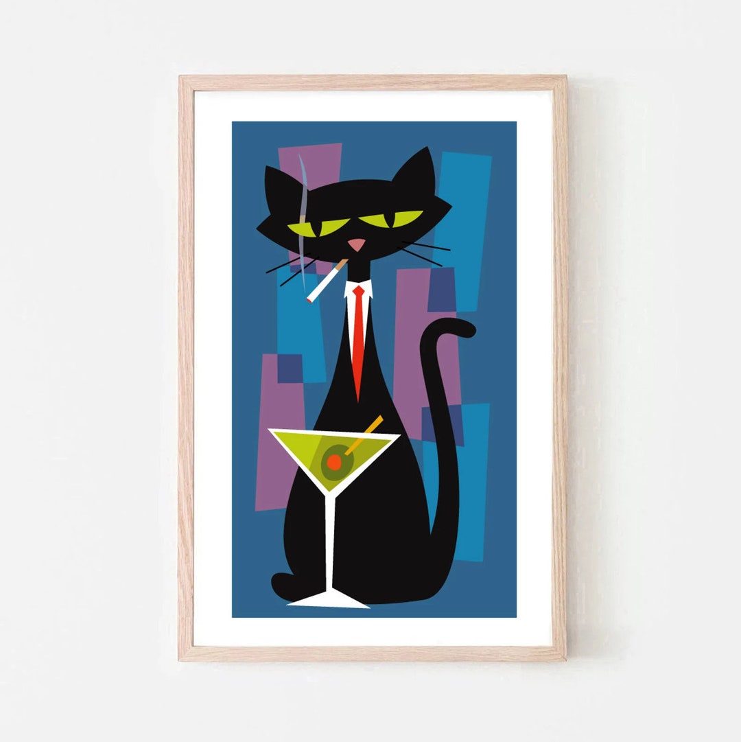 Mid Century Modern Art Cat, Cat Poster, Black Cat Art Print, Martini ...