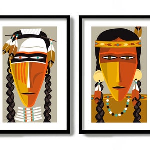 Puede incluir: Dos ilustraciones enmarcadas de personas nativas americanas con rostros estilizados. Las figuras llevan tocados y joyas tradicionales. El fondo es de color gris claro.