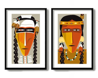 Native American Decor, Set of Two Prints, Mid Century Modern Art Print, American Indian, Ranch Wall Art, Southwest Art Print,  Western Decor