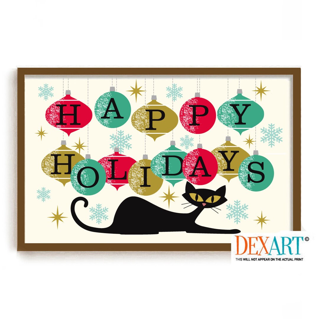 Mid Century Modern Cat Christmas Ornament Art Print, Happy Holidays ...