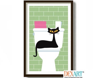 Cat Bathroom Wall Decor, Black Cat Art Print, Laundry Room Decor, Mid Century Modern Wall Art, Laundry Sign, Cat Lover Gift, Atomic Cat