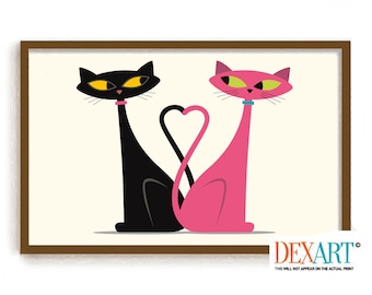 Mid Century Modern Cat Art Print, Cat Lover Gift, Pink Cat, Black Cat Print, Kitsch Decor, MCM Wall Art, Retro Poster, Cat Lover Gift