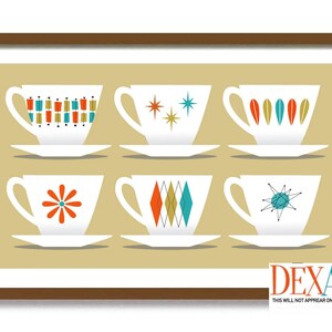 Mid Century Modern Kitchen Wall Art Print, Coffee Cup, Coffee Bar Sign, Retro Kitchen Decor, Teacups, Scandinavian Design, Atomic Art