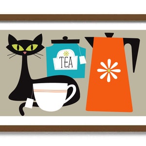 Mid Century Modern Art, Black Cat Art Print, Tea Cups, Kitchen Wall Art Decor, Tea Lover Gift, Colorful Kitchen Retro Kitchen Cat Lover Gift