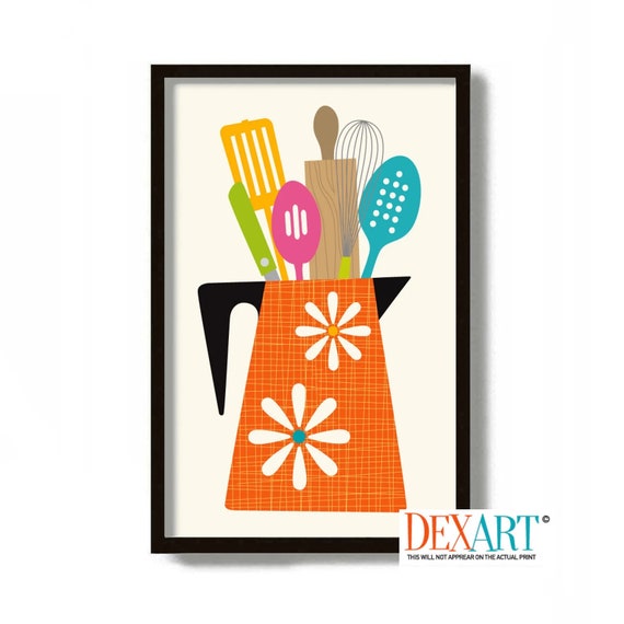 Mid Century Modern Art, Kitchen Decor, Cooking Utensils Art Print, Kitchen Gift Idea, Fork and Spoon