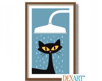 Cat Bathroom Wall Art Print, Wash Your Hands Sign, Black Cat Art, Kids Bathroom, Personal Hygiene, Wash Your Paws, Atomic Cat  Decor