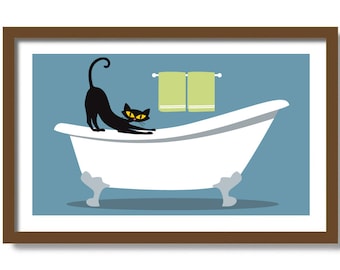 Cat Art Print, Mid Century Modern Art, Black Cat Lover Gift Idea, Bathroom Decor, Claw Foot Tub, Bath Time, Cat Poster, Funny Bathroom Signs