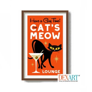 Lámina de arte moderno de mediados de siglo, regalo retro para amantes de los gatos, póster de discoteca gay, decoración de pared de gato negro, arte de martini, póster de cócteles, regalo de camarero