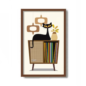 Mid Century Modern Atomic Cat Art Print, Retro Sideboard, Black Cat Art, Audiophile Gift, Vinyl Record Storage, Old Record Player