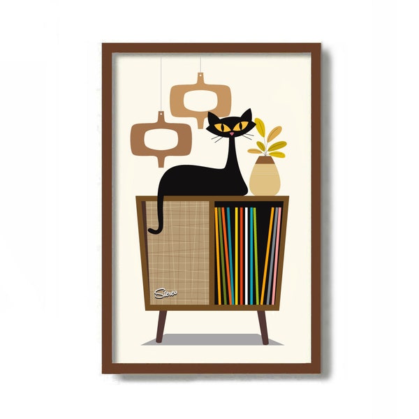 Mid Century Modern Atomic Cat Art Print, Retro Sideboard, Black Cat Art, Audiophile Gift, Vinyl Record Storage, Old Record Player