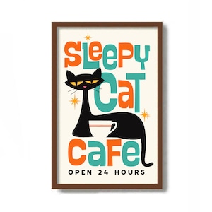 Impression d'art moderne Mid-Century, art atomique de chat, enseigne de salle à manger, art mural de cuisine, impression d'art de chat noir, cadeau d'amateur de café, signe de café, cadeau de maman de chat