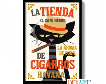 Cigar Gifts, Black Cat Art, Cigar Poster, Key West Florida, Cigar Bar, Cat Lover Gift for Man, Cigar Smoker, Poker Room, Man Cave Wall Art