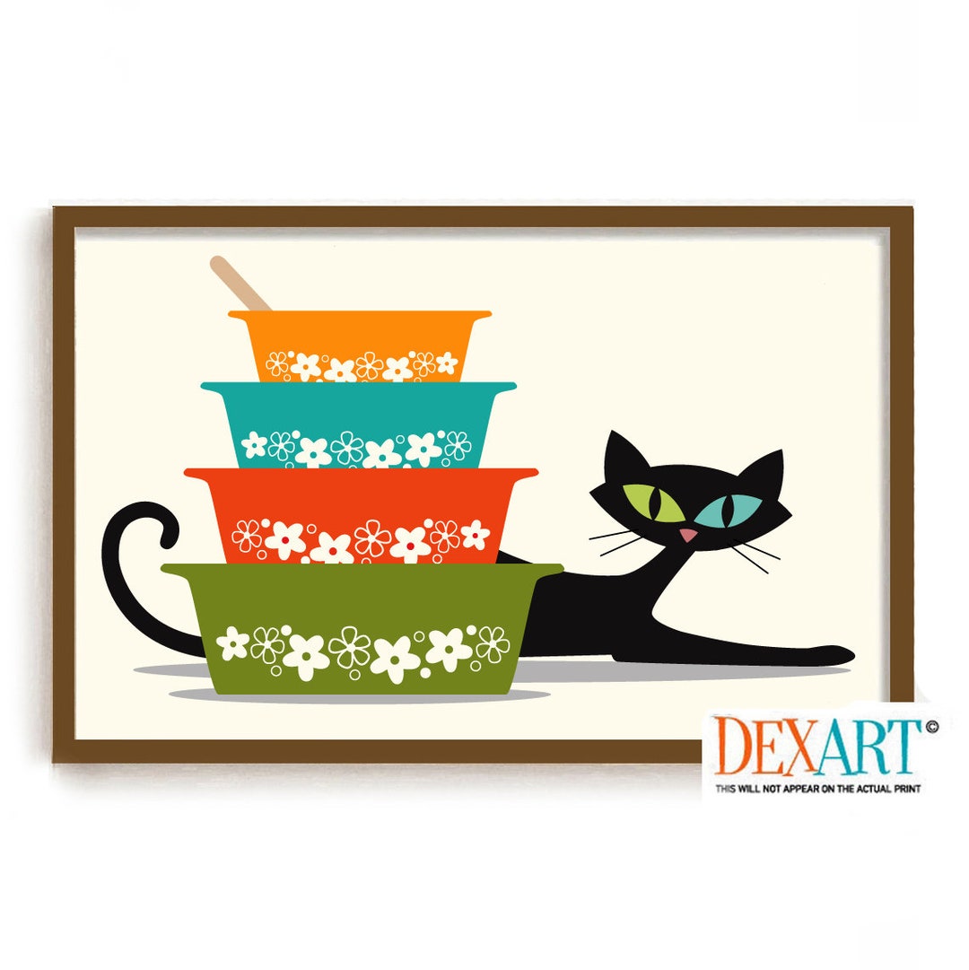 Mid Century Modern Kitchen Wall Art, Black Cat Print, Cat Poster