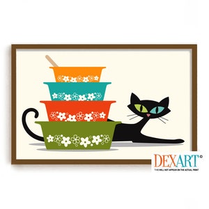 Mid Century Modern Kitchen Wall Art, Black Cat Print, Cat Poster, Colorful Glass Bowls, Cat Lover Gift Idea, Kitchen Art Print