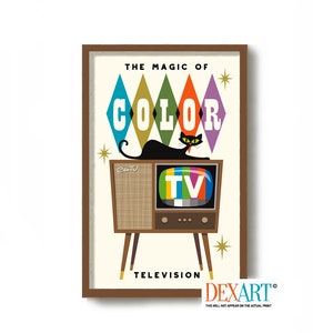 May include: A framed vintage-style print featuring a retro television set with a color test pattern. A black cat lounges atop the TV. The words "THE MAGIC OF COLOR TELEVISION" are displayed in a stylized font, with the "COLOR" in diamond shapes.