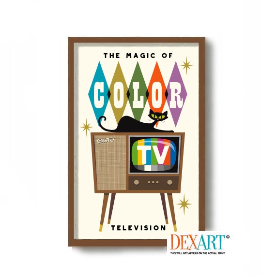 Mid Century Modern Atomic Cat Art Print, Black Cat Decor, 11x17 Print, Color Television Wall Art, Cat Lover Gift, Retro TV, Danish Modern