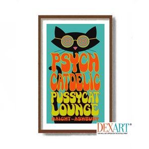 Hippie Room Decor, Psychedelic Poster, Mid Century Modern Cat Art Print, Black Cat, 1960s Cat Lover Gift, Atomic Cat Wall Art