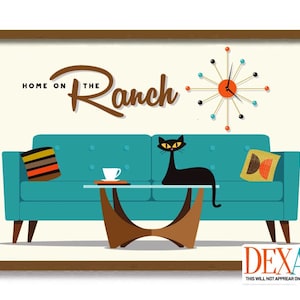 Mid Century Modern Ranch House Wall Art Print, Retro House Decor, Cat Lover Gift, Black Cat Art, Contemporary Home Atomic Cat Modern Home