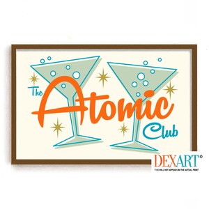 Póster de cóctel de autor, impresión artística retro de cóctel atómico, regalos únicos para bar, copa de martini de arte moderno de mediados de siglo, regalo de arte mural de barman
