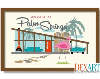 Palm Springs Art Print, Mid Century Modern Wall Art, Retro House Decor, Contemporary Home, Pink Flamingo