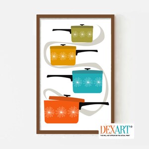 Mid Century Modern Kitchen Wall Art Print, Pots and Pans, Saucepans, Kitchen Decor, Gift for Cook, Colorful Cooking Gift, Kitchen Utensils