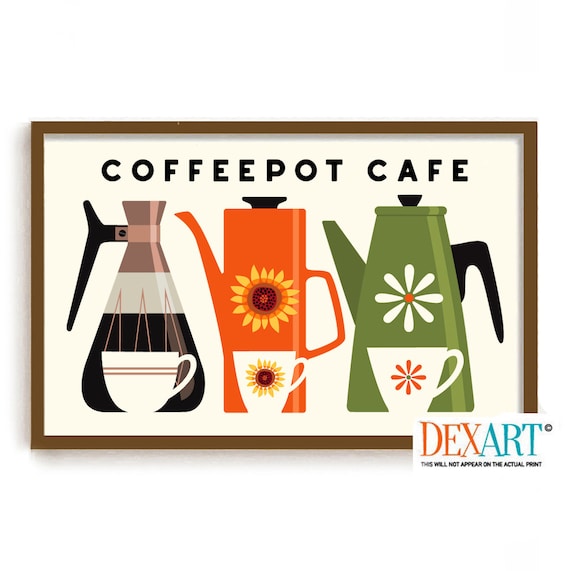 Kitchen Wall Art Print, Mid Century Modern Kitchen Decor, Vintage Coffee Pot Print Coffee and Tea, Tea Lover Modern Teapot Art, Bistro Sign