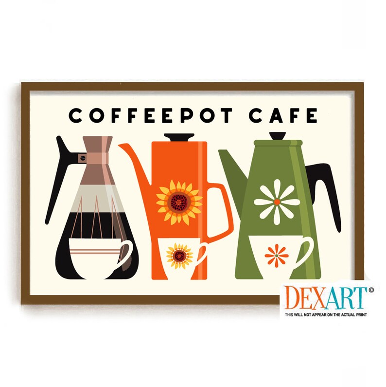 May include: A retro-style illustration of three coffee pots with a cup of coffee in front of each. The coffee pots are orange, green, and brown with a white background. The text "COFFEEPOT CAFE" is at the top of the image.