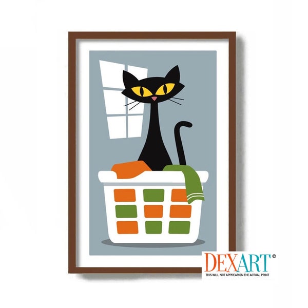 Mid Century Modern Cat Print, Black Cat Art Print, Clothes Basket, Cat Lover Gift Idea, Laundry Room Decor, Laundry Sign Cat Lover Gift