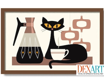 Atomic Cat Art Print, Mid Century Modern Coffee Bar Sign (11x17)