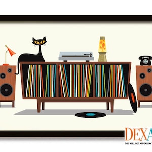 Mid Century Modern Wall Turntable Stand Art Print, Black Cat Art Print, Record Player Console,  Vinyl Record Storage, Lava Lamp