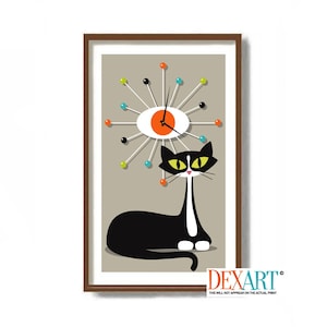 Tuxedo Cat Art Print, Mid Century Modern Art, Cat Lover Gift, Retro Wall Clock, Danish Modern, Cat Mom Gift, Atomic Cat