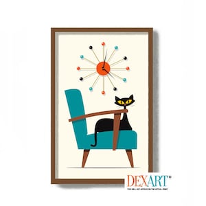May include: A mid-century modern style illustration of a black cat sitting in a teal armchair with a large orange and black atomic clock on the wall behind it.