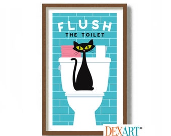 Cat Bathroom Wall Art Decor, Flush the Toilet Sign, Black Cat Art Print, Kids Bathroom, Personal Hygiene, Mens Bathroom Bathroom Reminder